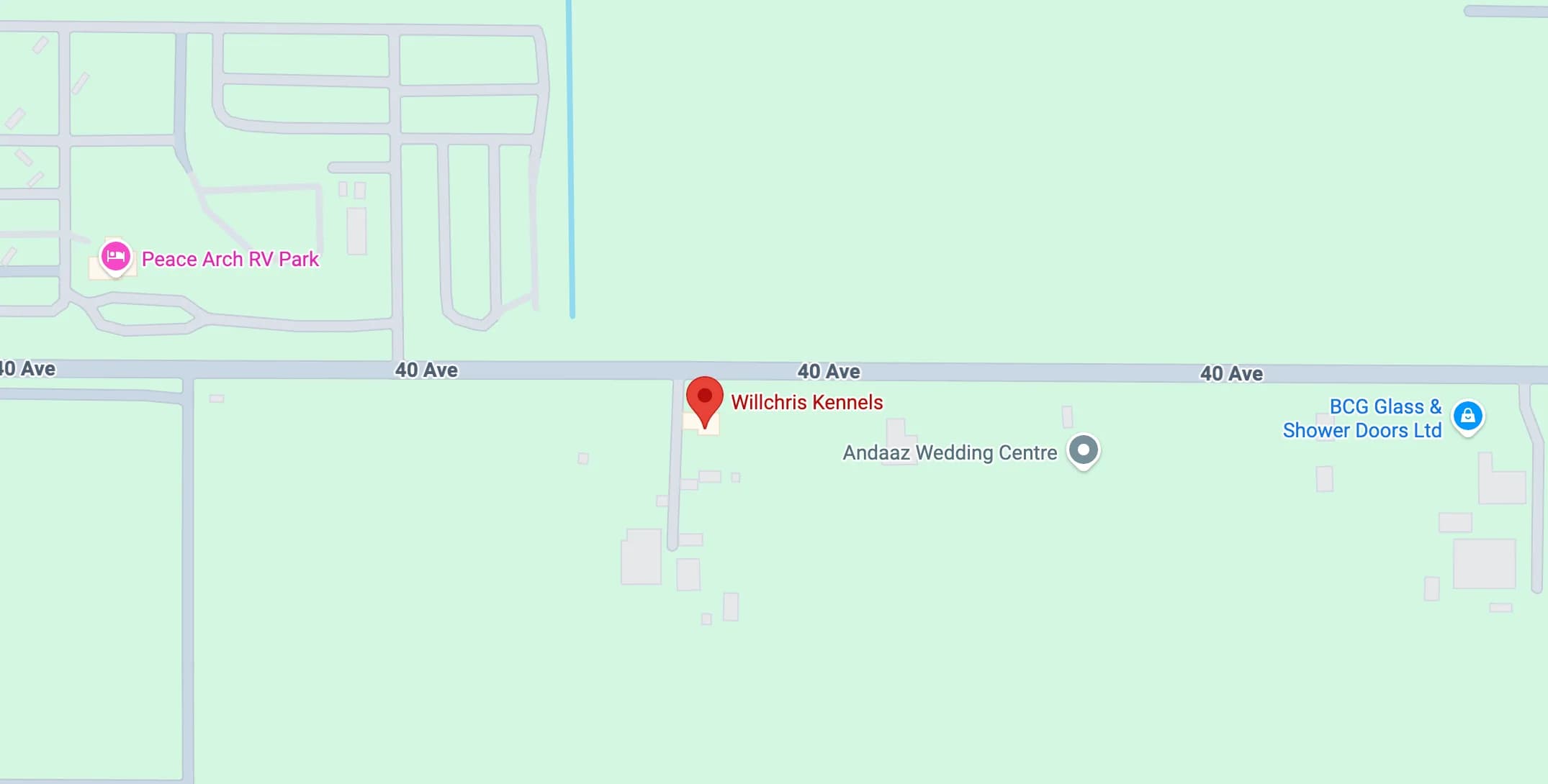 Map showing Willchris Kennels on 40 Ave in Surrey, BC